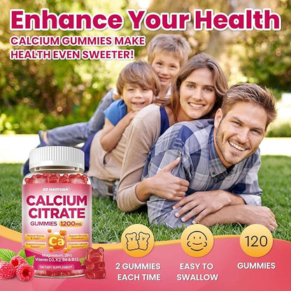 Calcium Citrate Gummies - 1200mg Calcium Gummies Supplements for Women & Men with Vitamin D3, K2, Magnesium, Zinc High Absorption for Bone, Muscle & Immune Support, Raspberry Flavor, 120 Count