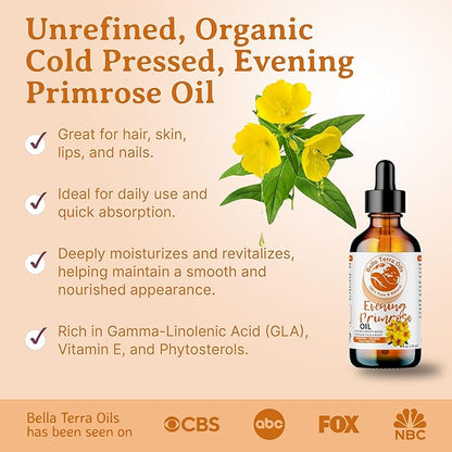 Bella Terra Oils - Organic Evening Primrose Oil 16oz - Discover the Cold-Pressed Excellence of Primrose, Loaded with Essential Nutrients & Omega-6, Distinct Elixir for Luminous Skin