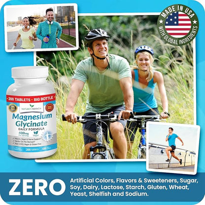 Magnesium Glycinate 400mg | 200 Tablets | High Absorption Mag Supplements for Sleep, Leg Cramps, Heart, Muscle, Calm | Non Buffered Bisglycinate, Extra Strength for Women and Men, Tablets Not Capsules
