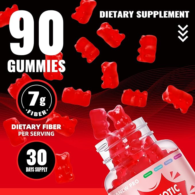 Prebiotic Fiber Gummies for Adults, 7G Extra Strength, Zero Sugar Added, 90 Pectin Based Gummies, Digestive Health & Regularity Support-Strawberry-2PACK