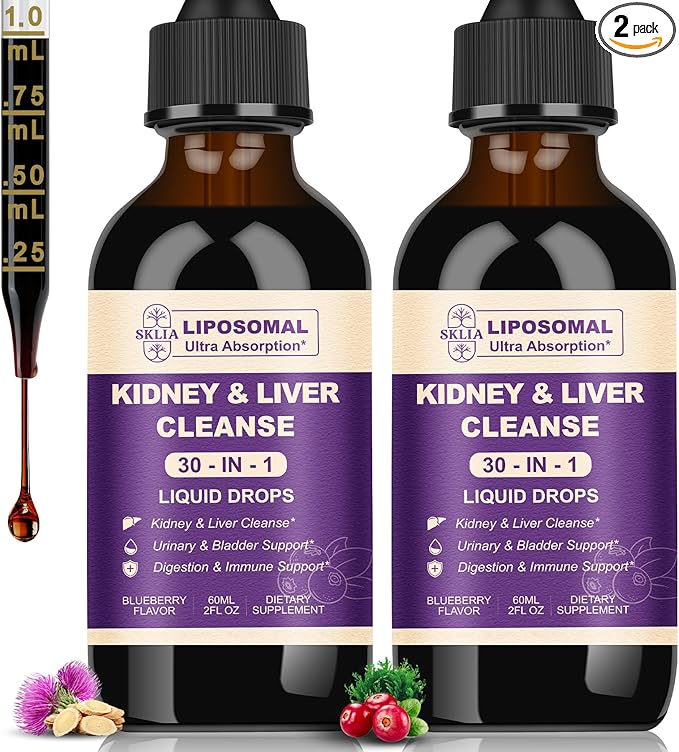 30-in-1 Kidney and Liver Cleanse Detox & Repair Drops with Cranberry Extract, Milk Thistle & Chanca Piedra, Vegan Kidney Support Supplement for Urinary Tract & Liver Support | Blueberry Flavor, 2P