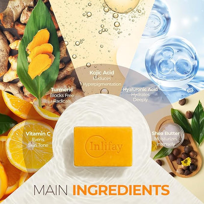 Inlifay Turmeric Kojic Acid Soap: Dark Spot Soap for Face Body - Home Travel Use Skin Cleansing for Women (200g)