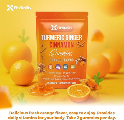 Premium 60 Turmeric Ginger Cinnamon Gummies – with Vitamin E, B12, Magnesium, Black Pepper Extract & Vitamin D3 – Orange Fruit Flavor - Vegan Gummies