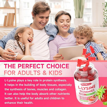 L-Lysine 1000mg Gummies, Lysine Supplement for Adults & Kids, Essential Amino Acid Supplement for Oral & Lips Health, Boost Immune & Calcium & Collagen, Sugar-Free, Strawberry Flavor, 60 Count