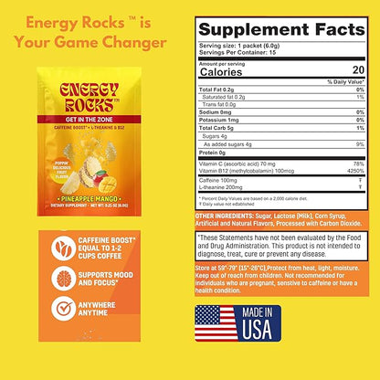 Caffeine Candy - Popping Energy Candy Crystals, 100mg Caffeine, L-Theanine & B12 - Fast Energy, No Drink Needed - Coffee Alternative 40-Pack Variety (Cherry Berry & Pineapple Mango)