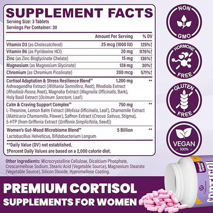 Cortisol Supplements for Women, 16 IN 1 Cortisol Detox for Women, with Magnesium, Ashwagandha, L-Theanine & Probiotics, Cortisol Reducer Manager for Hormone Balance, Mood & Digestion, 90 Tablets