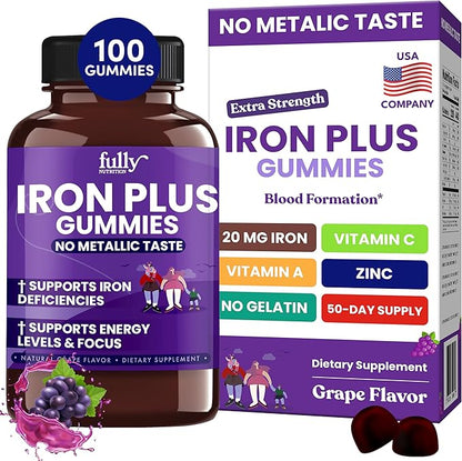 Iron Gummies Supplements for Women, Men and Kids – Health Blood & Energy Support for Iron Deficiency, Anemia, No After Taste- Fresh Grape Flavor- 100 Gummies (50 Days Supply)