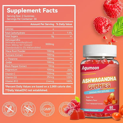 2 Pack Ashwagandha Gummies 3000mg for Stress Relief, Calm & Relaxation Support with Magnesium & Vitamin D, Vegan, Gluten-Free, Natural Raspberry Flavor, 120 Count