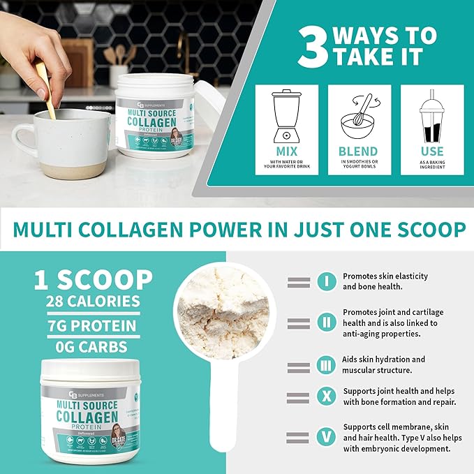 CB Supplements Multi Collagen Protein – Hydrolyzed Collagen for Joint, Skin, Gut, Hair & Nail Health – Unflavored Powder with Types I, II, III, V & X – Grass-Fed & Clean – 58 Servings