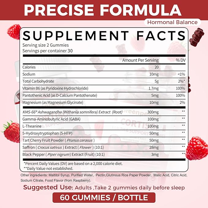 GREENPEOPLE Cortisol Supplements for Women & Men - Cortisol Reducer Detox Manager w/KSM-66 Ashwagandha/Magnesium/L-theanine/GABA/Vitamin B6 for Mood/Sleep/Stress Relief 60 CT Raspberry Flavor Gummies