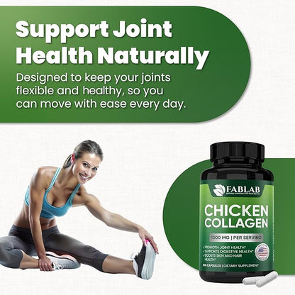 FabLab Chicken Sternum Cartilage Type II Collagen Capsules - Nutritional Supplement for Joints-1000mg per Serving - Non-GMO, Anti-Aging Dietary Product with Hydrolyzed Peptides- 100 Capsules