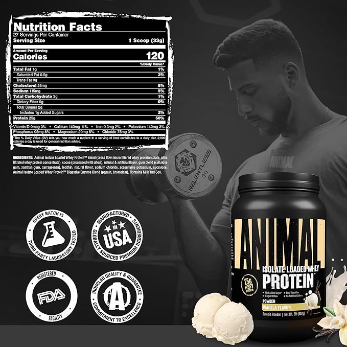 Animal Whey Isolate Protein Powder - Loaded for Pre & Post Workout Muscle Builder and Recovery with Digestive Enzymes for Men & Women - 25g Protein, Great Taste, Low Sugar - Vanilla 2 lbs
