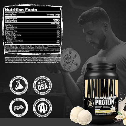 Animal Whey Isolate Protein Powder - Loaded for Pre & Post Workout Muscle Builder and Recovery with Digestive Enzymes for Men & Women - 25g Protein, Great Taste, Low Sugar - Vanilla 2 lbs