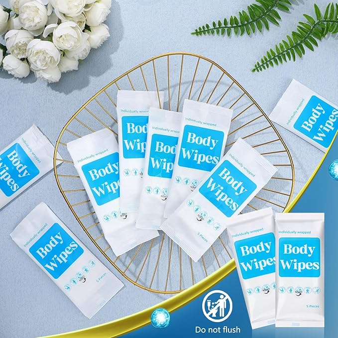 300 Pcs 60 Pack Body Wipes for Adults Bathing No Rinse Individually Wrapped Shower Wipes Washcloth with Aloe Cleansing Body Wash Cloths Disposable Bulk Deodorant Homeless(White Background)