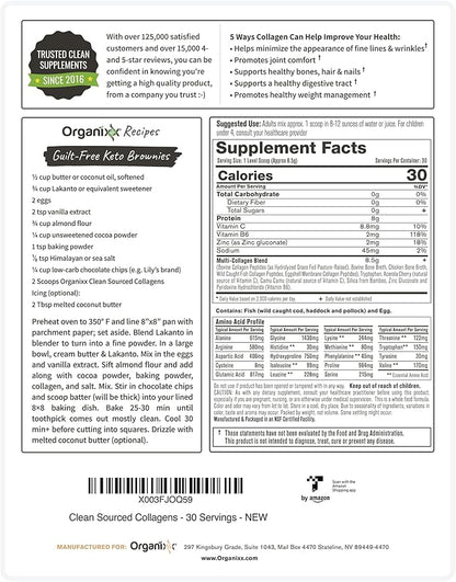 Organixx Clean Sourced Collagen Peptides Powder with Vitamin C, Types I, II, III, V, X Hydrolyzed Collagen, Hair, Nail, Skin, Bone & Joint Health, Aging Support, Gluten Free, Unflavored, 30 Servings
