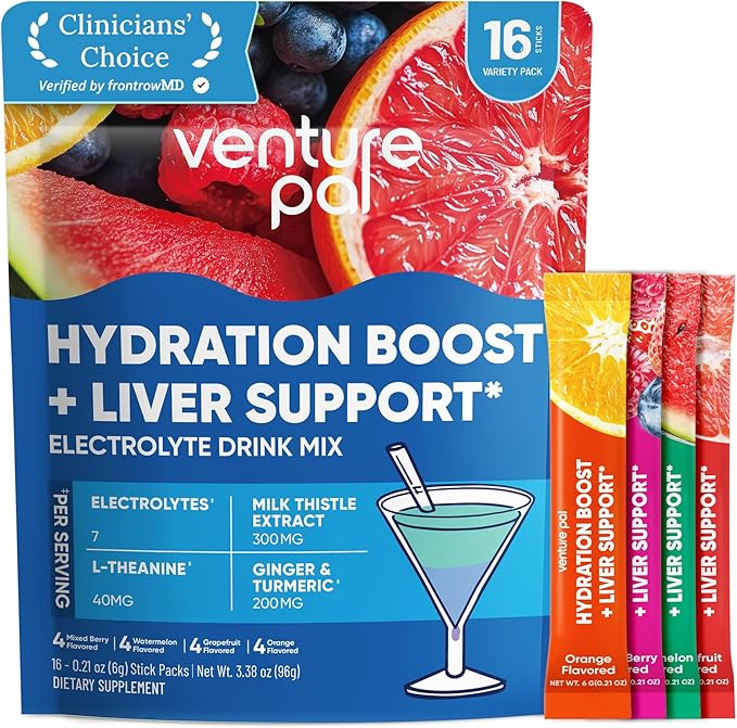 Venture Pal Hydration Packets + Liver Support- Liquid Daily IV Electrolyte Powder Packets with 7 Electrolytes & 5 Vitamins, Milk Thistle + L-Theanine | Sugar-Free | Keto Friendly | Vegan, 16 Sticks