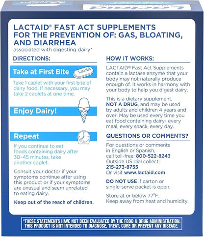 Lactaid Fast Act Lactose Intolerance Relief Caplets with Lactase Enzyme to Prevent Gas, Bloating & Diarrhea Due to Lactose Sensitivity, Ideal for Travel & On-the-Go, 32 Packs of 1-Count