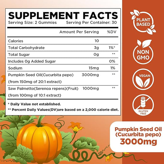 Aromlife Pumpkin Seed Oil Gummies for Hair Skin Wellness, 3000mg Per Serving Pumpkin Seed Gummies with Saw Palmetto for Urinary Tract Wellness, 60 Count Sugar Free Saw Palmetto Gummy Pineapple Flavor