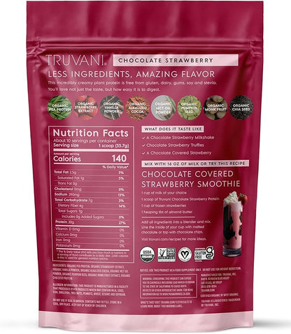Truvani Vegan Pea Protein Powder | Chocolate Strawberry | 20g Organic Plant Based Protein | 10 Servings | Keto | Gluten & Dairy Free | Low Carb | No Added Sugar