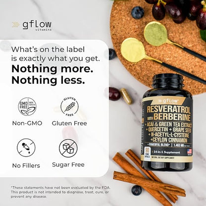 Resveratrol Supplement with Berberine Green Tea Extract, Ceylon Cinnamon, Grape Seed & Quercetin1000mg Quercetin, N Acetyl cysteine, Acai | 100% Natural, Max Strength | Made in USA