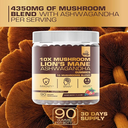 10X Lion’s Mane Mushroom Gummies for Kids Adults (4350mg) - Gluten Free Daily Supplement Complex Blend with Reishi Turkey Tail Shiitake