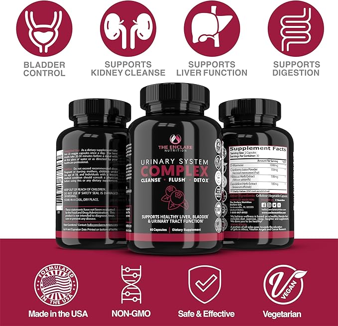 THE ENCLARE NUTRITION D Mannose Capsules|1000mg with Cranberry Pills for Women & Men, Hibiscus & Dandelion. Fast-Acting Urinary Tract Health, Bladder Control, Liver Support, Kidney Cleanse & Detox(3)