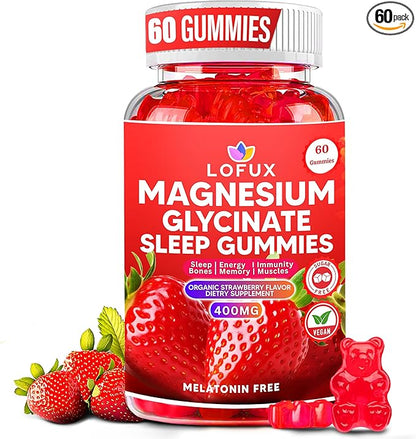 Lofux Magnesium Glycinate Gummies 400mg, Sugar Free Magnesium Gummies for Adults Women, Men, Chewable Supplement Gummy with L-Threonate, Vitamin D, B6, CoQ10 - for Calm, Sleep, Body Relaxation, 60 Ct