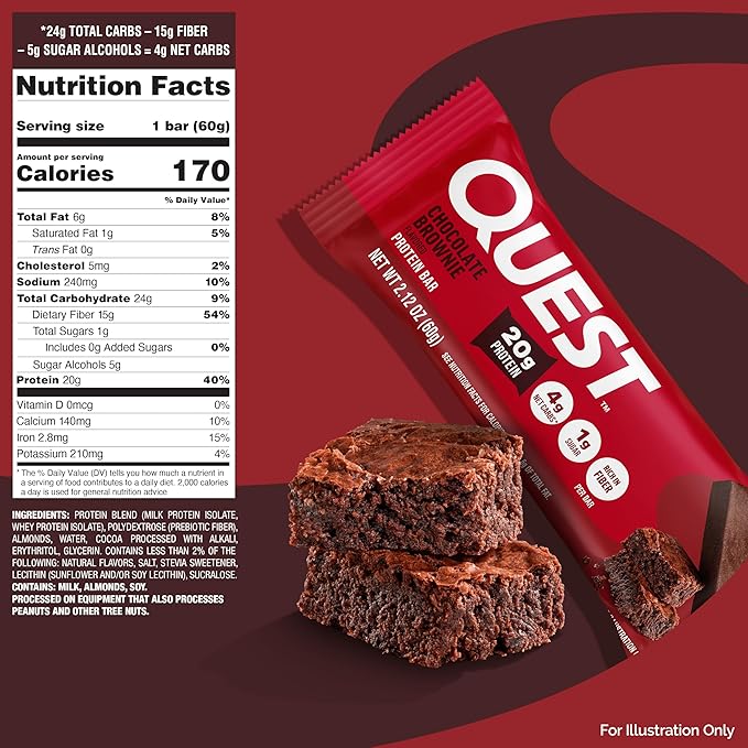 Quest Nutrition Chocolate Brownie Protein Bars, 20g Protein, 4g Net Carbs, 1g Sugar, High Fiber, Gluten Free, Keto Friendly, 4 Count