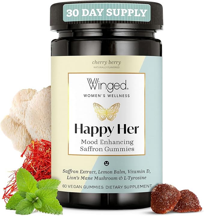 Winged Wellness Happy Her Mood Gummies - Daily Mood Enhancer Support Supplement for Women - Vitamin D with Saffron, Lemon Balm, & Lions Mane Mushrooms for Balance & Calming Relief - 50 Vegan Gummies