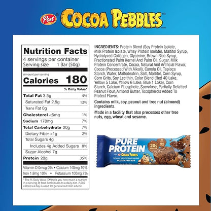 Pure Protein Cocoa PEBBLES™ Protein Bars – 20g Protein, 4g Sugar, 180 Calories (4 count) Low Sugar* High Protein Snack - Gluten Free - Perfect for a Healthy Snack.