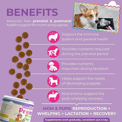 Dog Prenatal Vitamins – 120 Soft Chews Multivitamin, Folic Acid, Zinc, B-Complex, DHA & EPA Omegas and Probiotics Supplement for Pregnant, Nursing Breastfeeding pet – Mom & Puppy Vitamin Formula.