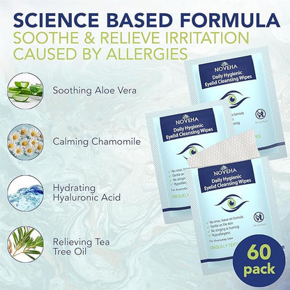 NOVEHA 180Pcs Daily Hygienic Eyelid & Lash Wipes | Individually Wrapped Cleansing Eyelash Wipes - For Blepharitis & Itchy Eyes, Demodex and Natural Makeup Remover & Daily Cleanser (3 Pack)