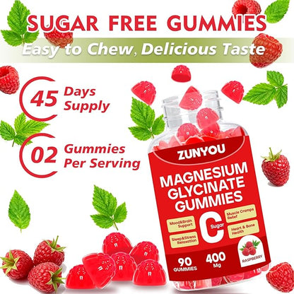 Magnesium Glycinate Gummies 400mg, Sugar Free Magnesium Gummies for Sleep, Muscle Support and Relaxation, Calm Magnesium Supplements for Women and Men, 90 Count