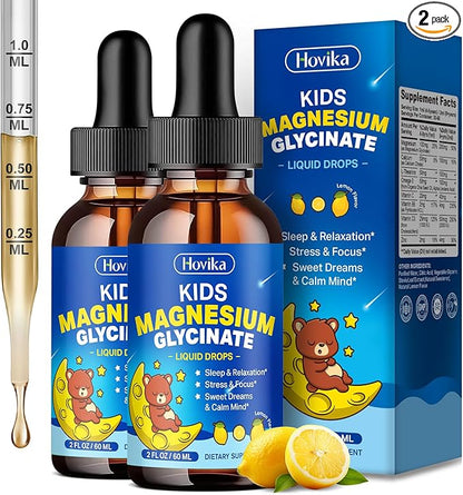 2 Pack Magnesium Glycinate Liquid for Kids - with L-Theanine Omega-3, Vitamin B6, D3, Zinc - Kids Magnesium Drops for Sleep, Relaxation, Calm & Focus - 2 Fl Oz, Lemon Flavor