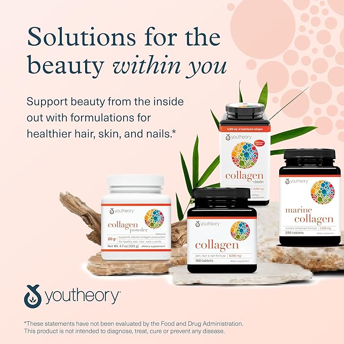Youtheory Collagen + Biotin - Advanced Collagen Supplement - with Hydrolyzed Peptides, Vitamin C & Vitamin B - Supports Hair Growth, Nail Health & Skin - 390 Tablets