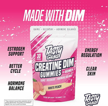 Creatine Gummies for women | 3g Creatine Monohydrate Per Serving | DIM Supplement 100 mg | Estrogen Balance for Women | Hormonal Acne, Hormone Balance, Glute Builder (90 Count, White Peach)