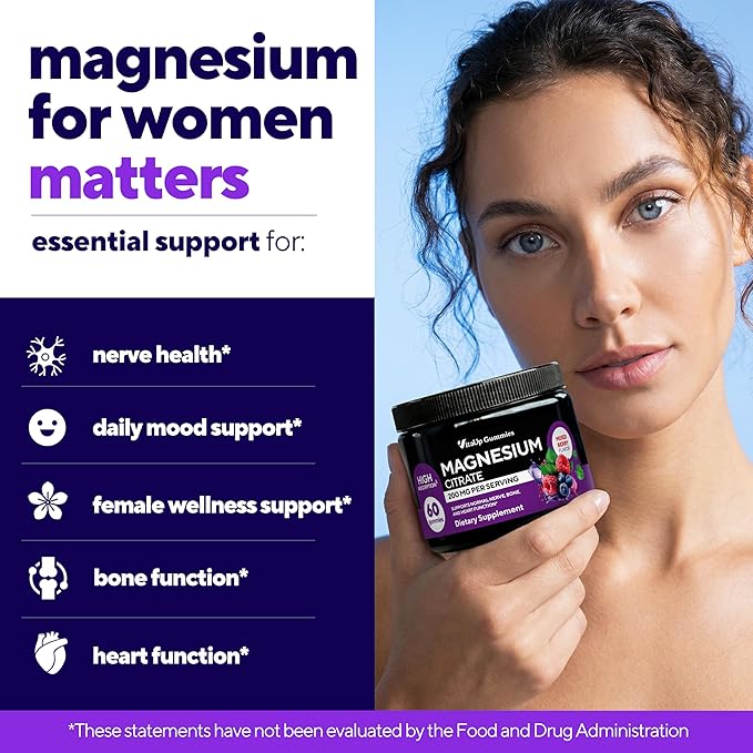 Magnesium Gummies for Women 200 mg – High Absorption Magnesium Citrate Gummies – Chewable Supplement for Adults to Support Normal Nerve, Bone & Heart Function – Vegan Chews, 60 Count