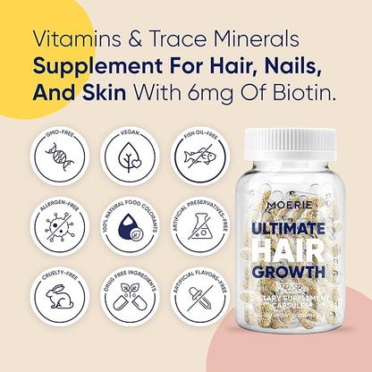 Moerie Ultimate Hair Growth Supplements for Women & Men - Hair, Skin, Nails Vitamins with Biotin & Minerals - for Thicker, Fuller Hair & Hair Loss Treatment - 120 Capsules