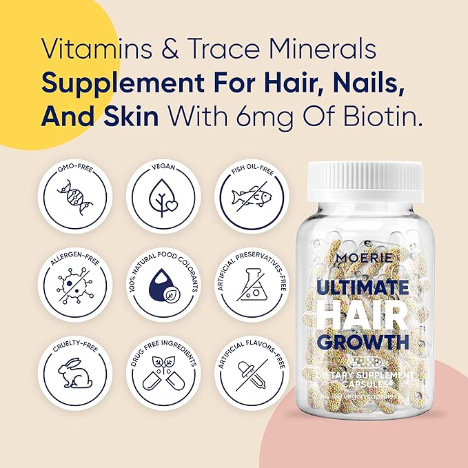 Moerie Ultimate Hair Growth Supplements for Women & Men - Hair, Skin, Nails Vitamins with Biotin & Minerals for Hair Health - Thicker Hair - 60 Capsules