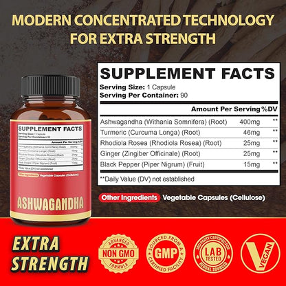 90 Capsules - Ashwagandha Supplement Capsules - Ginger Root, Turmeric, Rhodiola Rosea & Black Pepper