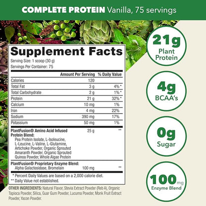PlantFusion Complete Vegan Protein Powder - Plant Based Protein Powder with BCAAs, Digestive Enzymes and Pea Protein - Keto, Gluten Free, Soy Free, Non-Dairy, No Sugar, Non-GMO - Vanilla Bean 5lb Bulk