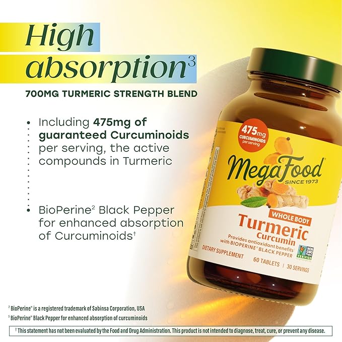 MegaFood Whole Body Turmeric Curcumin Supplement - Turmeric Supplement With Black Pepper & Vitamin C - 475 mg Curcuminoids Per Serving - Antioxidant & Immune Support - Vegan - 60 Tablets, 30 Servings