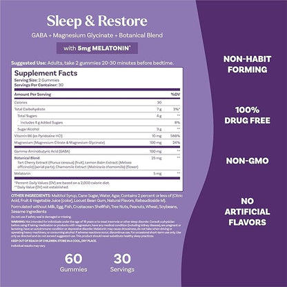 Natrol Sleep + Restore Magnesium Glycinate Blend Gummies with Melatonin 5mg - Calm Magnesium with GABA, Botanical Blend, Cherry Flavor, 60 Gummies