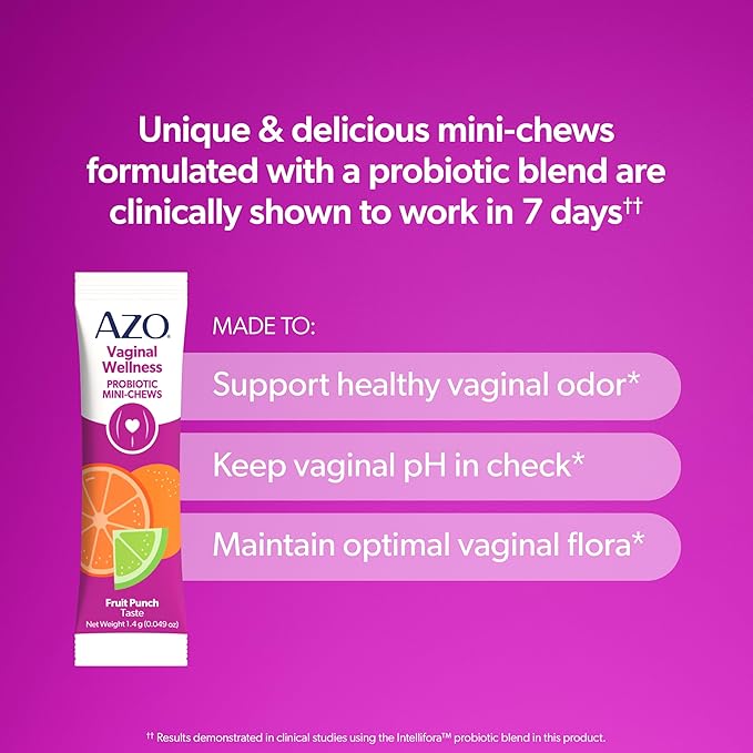 AZO Vaginal Probiotic Mini-Chews for Women, Supports Healthy Vaginal Odor, Healthy Vaginal Flora, Yeast Balance and pH*, Delicious Fruit Punch Taste, 14 Count