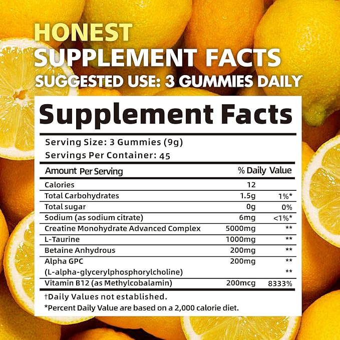 Creatine Monohydrate Gummies 5000mg (135 Count)-Lemon Flavor.