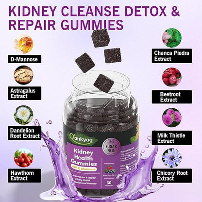 D mannose Gummies for Women, Kidney Cleanse Detox & Repair Gummies – Urinary Health & Kidney Stone* Support, Chewable D-mannose with Astragalus, Dandelion, Milk Thistle – Vegan, Sugar-Free, 60 cts