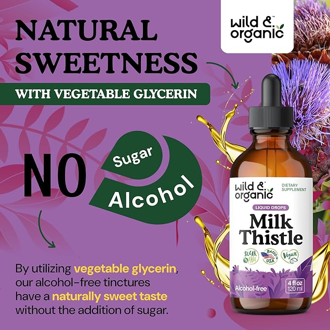 Wild & Organic Milk Thistle Liquid Drops - Liver Cleanse Detox - Silymarin Milk Thistle Supplement for Liver Support - Add to Tea - Silybum Marianum Seed Extract Tincture - Sugar & Alcohol-Free - 4 oz