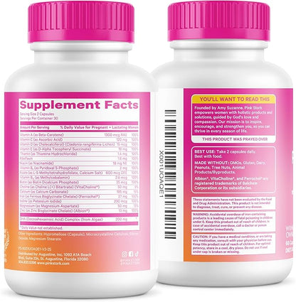 Pink Stork Total Prenatal Vitamins with DHA, Folate, Iron, Choline, and Vitamin B12 - Prenatals for Women to Support Fetal Development, Pregnancy Essentials, Berry Essence, 60 Capsules, 1 Month Supply