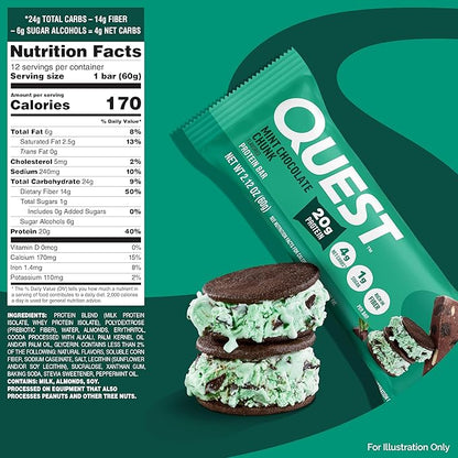 Quest Nutrition Mint Chocolate Chunk Protein Bars, 20g Protein, 1g Sugar, 4g Net Carb, High Fiber, Gluten Free, Keto Friendly, 4 Count