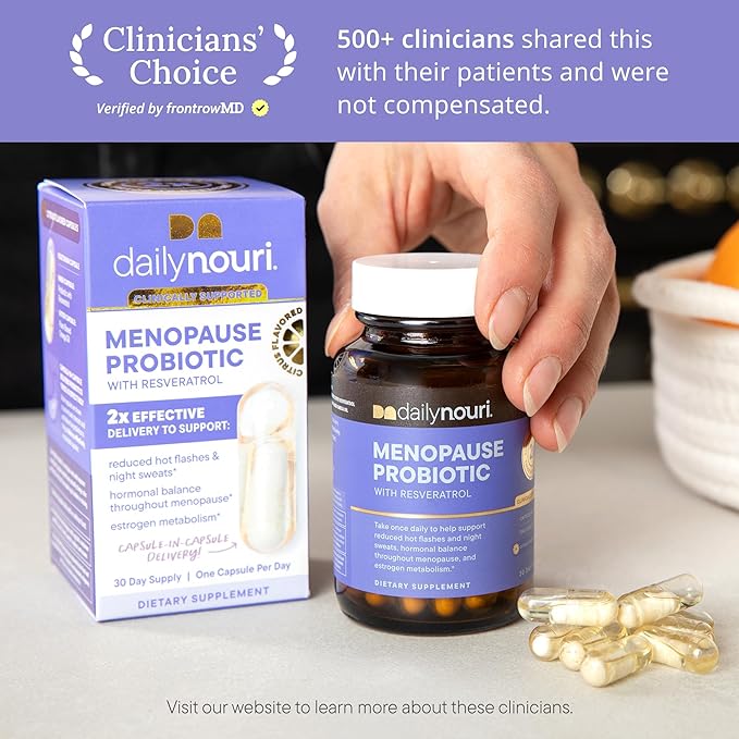 Daily Nouri Menopause Probiotics for Women | Hormonal Balance, Hot Flashes, Night Sweats & Gut Health | 3 Clinically Studied Strains + Resveratrol & Omega | 60-Day Supply